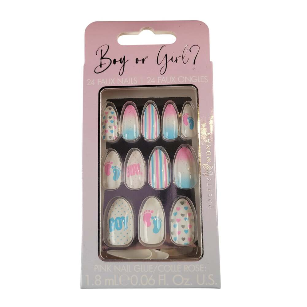 Boy or Girl Faux Nails Set 24ct Gender Reveal Press On with Glue Baby Party